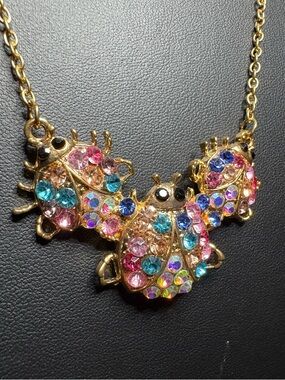 Betsey Johnson Gold-Tone Triple Beetle Crystal Necklace - Pink Blue Purple NWT